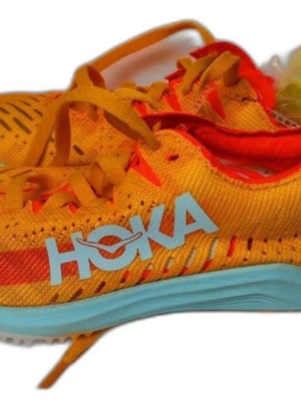 Hoka Orange Track Spike Running Shoes with Blue Sole and Spikes